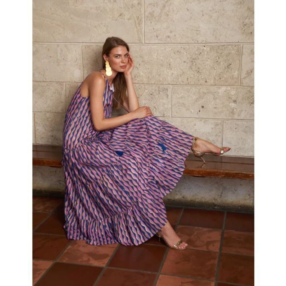Pink/purple, Blue And Gold Wave Print Halter Maxi Dress - Women